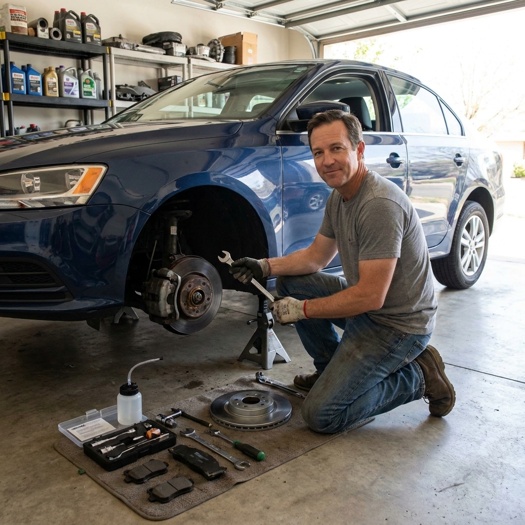 A sedan securely supported on jack stands with the wheel removed and tools arranged nearby for a brake service