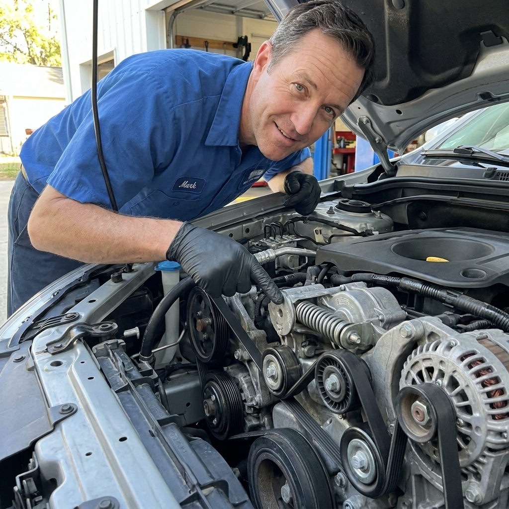A serpentine belt wrapped around accessory pulleys and a spring-loaded belt tensioner in an engine bay
