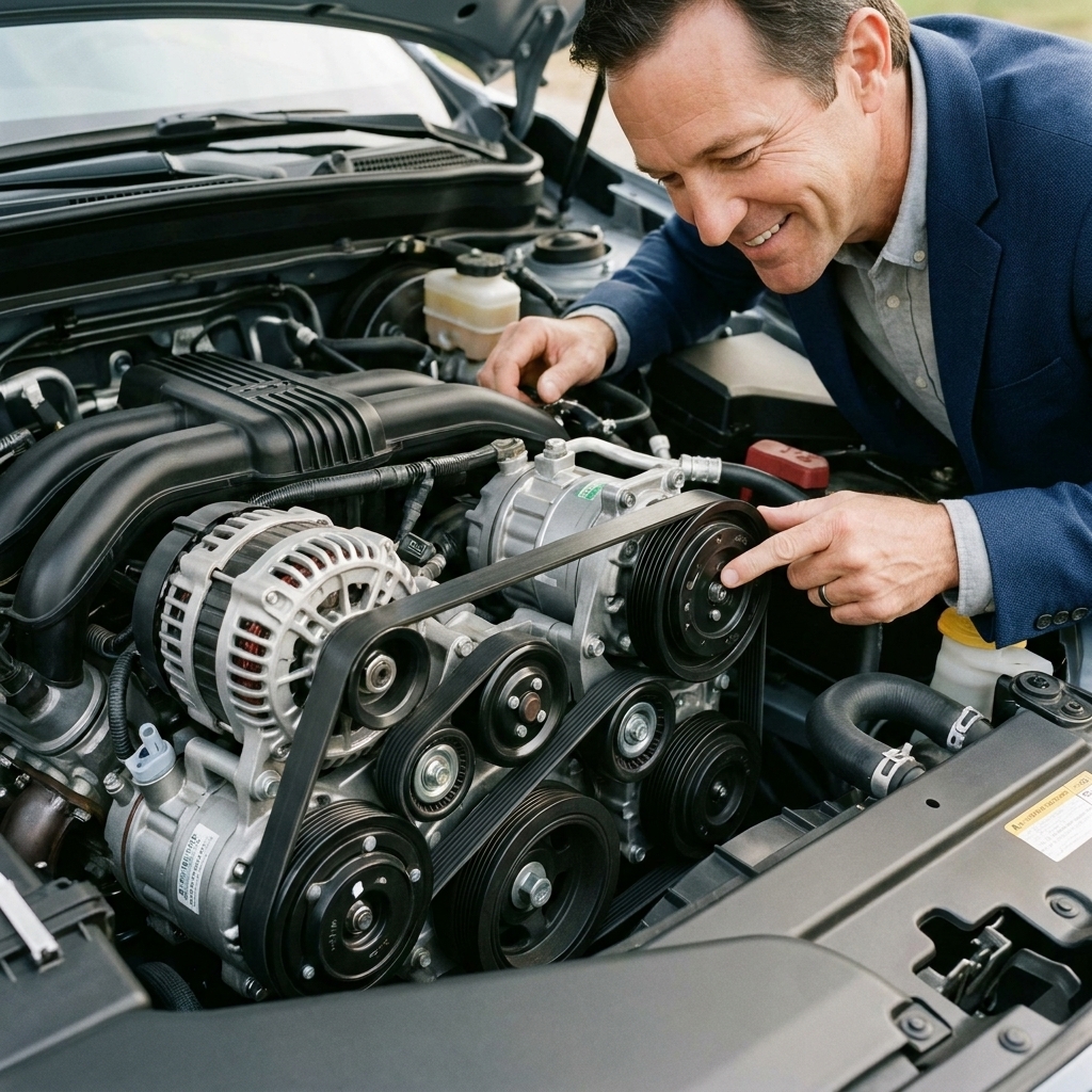 A serpentine belt wrapped around pulleys in a modern engine bay with the belt clearly visible
