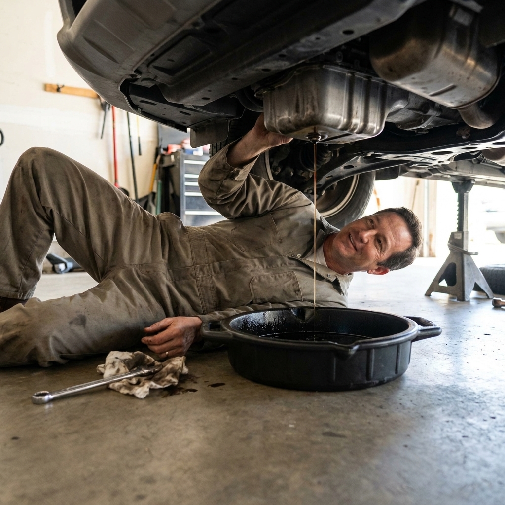 A shallow black oil drain pan centered under a vehicle's oil pan with the drain plug area visible, photographed from ground level in a garage