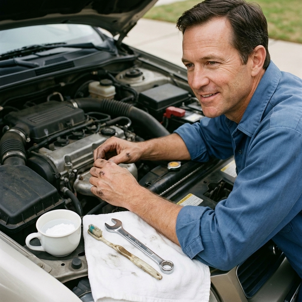 A small cup of baking soda and water next to an open hood, with a toothbrush and a 10mm wrench laid out on a clean rag