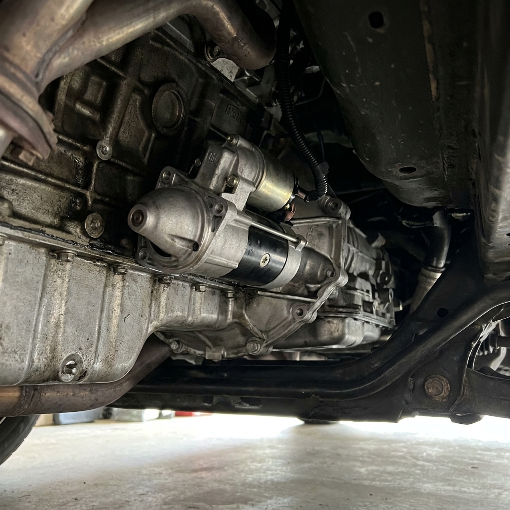 A starter motor bolted to the transmission bellhousing area under a front-engine vehicle, viewed from beneath