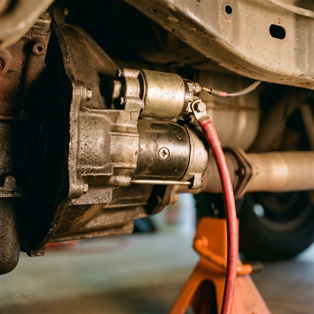 A starter motor mounted to an engine bellhousing with the battery cable and solenoid wire visible, photographed under a vehicle on jack stands