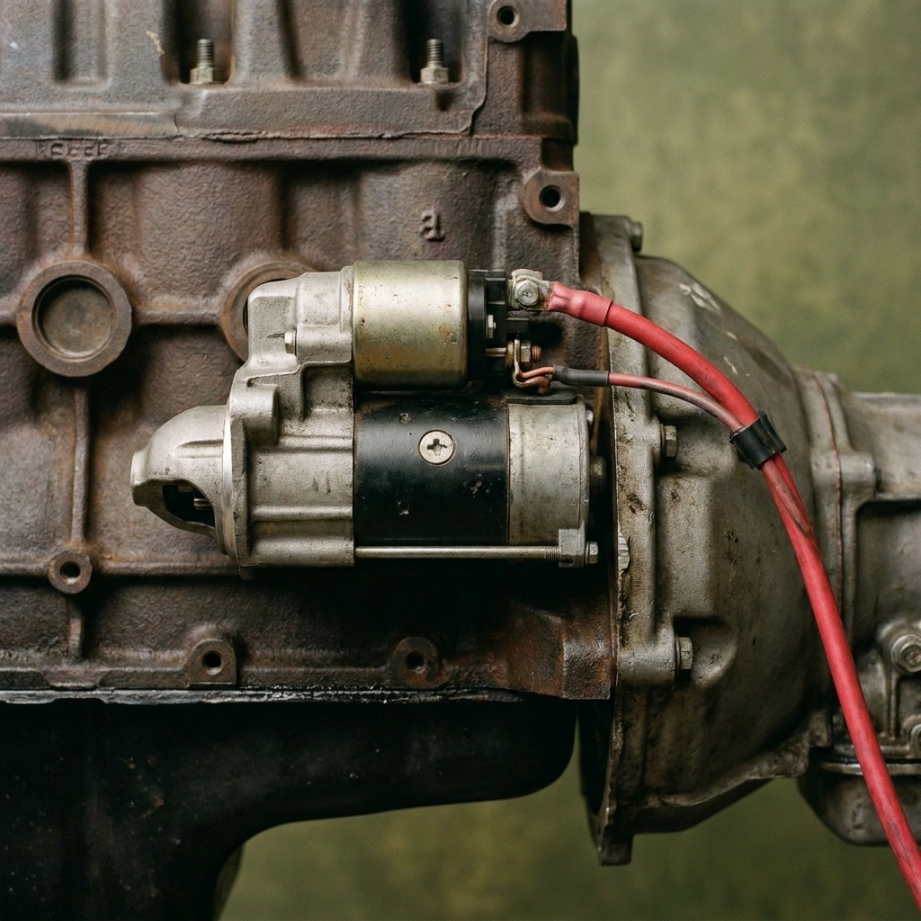A starter motor mounted to an engine with its electrical connections visible near the transmission bellhousing