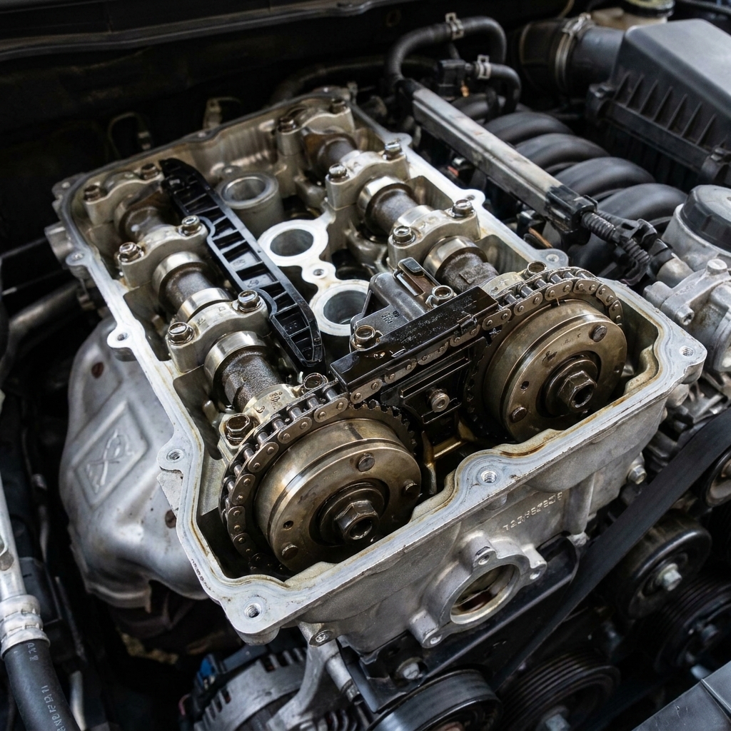 A timing chain and plastic chain guides visible under a removed valve cover on a modern engine