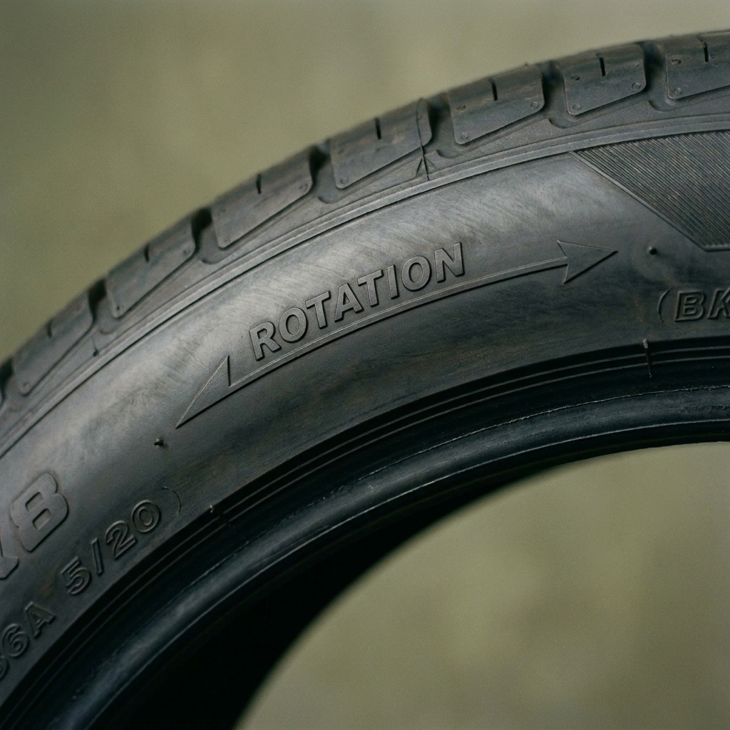 A tire sidewall showing a rotation direction arrow near the tread, indicating the required forward rolling direction