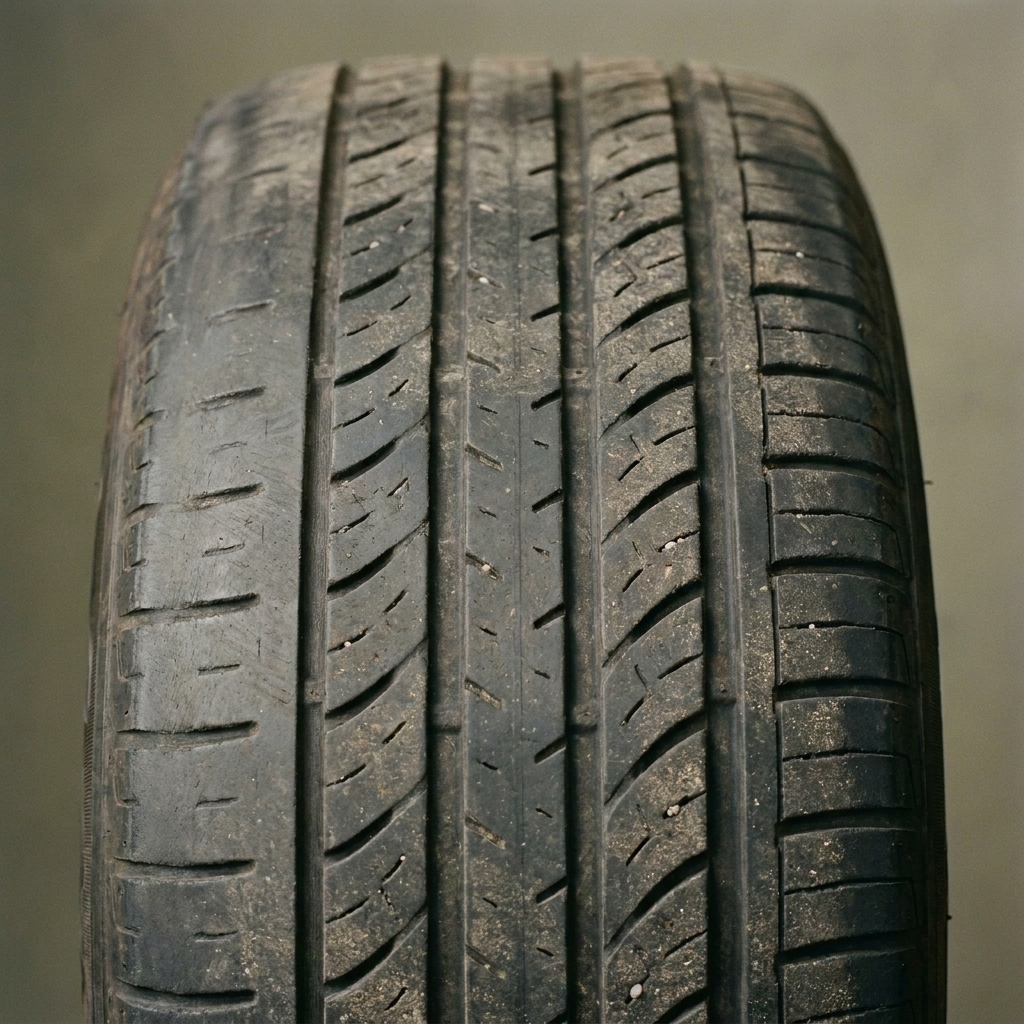 A tire tread showing uneven wear across the tread blocks, with one shoulder more worn than the center