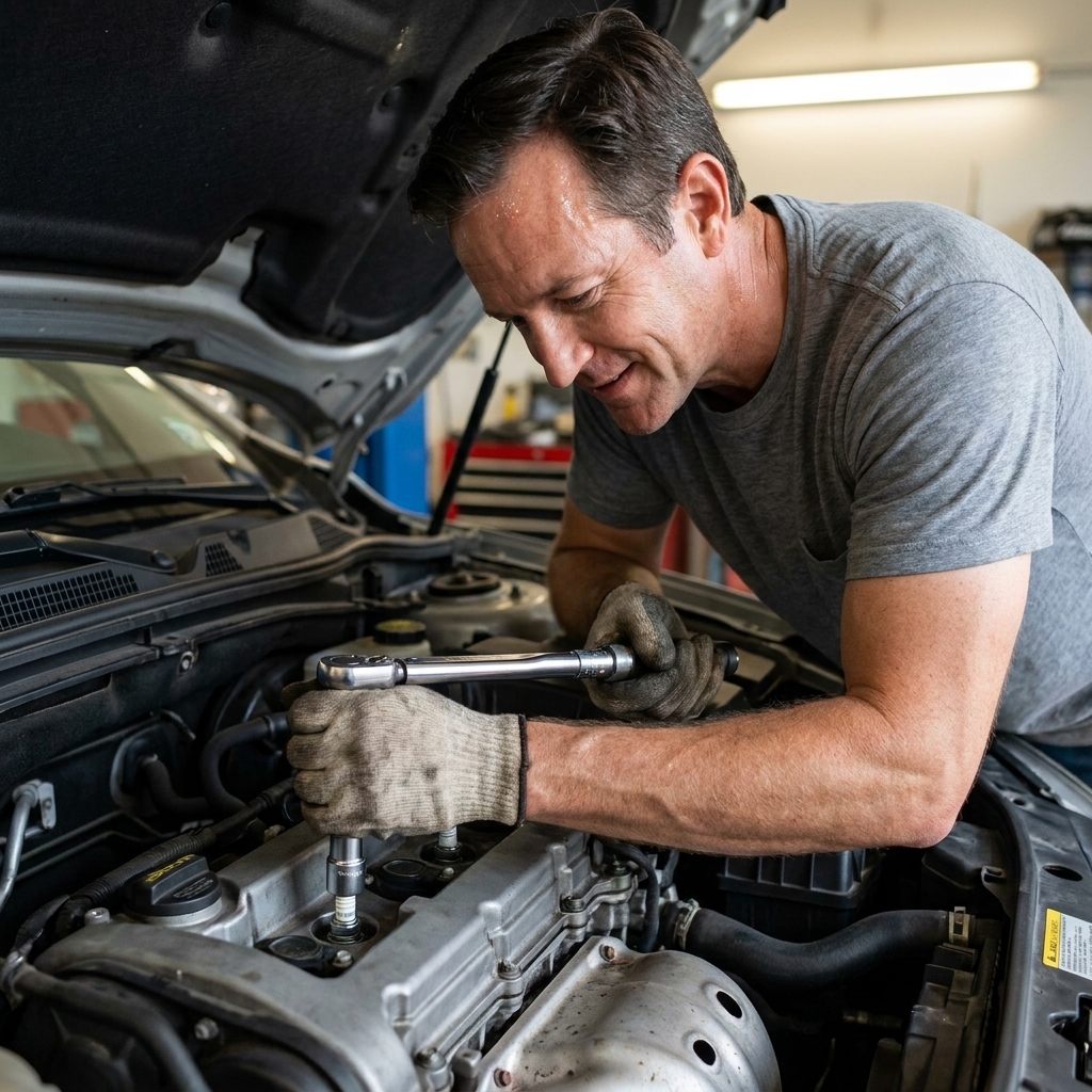 A torque wrench attached to a spark plug socket being used on a spark plug in a cylinder head with the engine cover removed