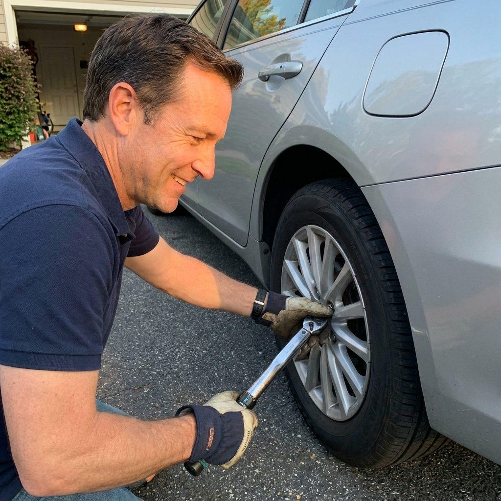 A torque wrench tightening lug nuts on a car wheel in a star pattern while the tire rests on the ground in a driveway