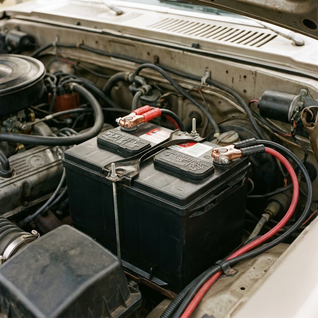 A traditional flooded lead-acid car battery with top posts and clean cable clamps installed in an engine bay