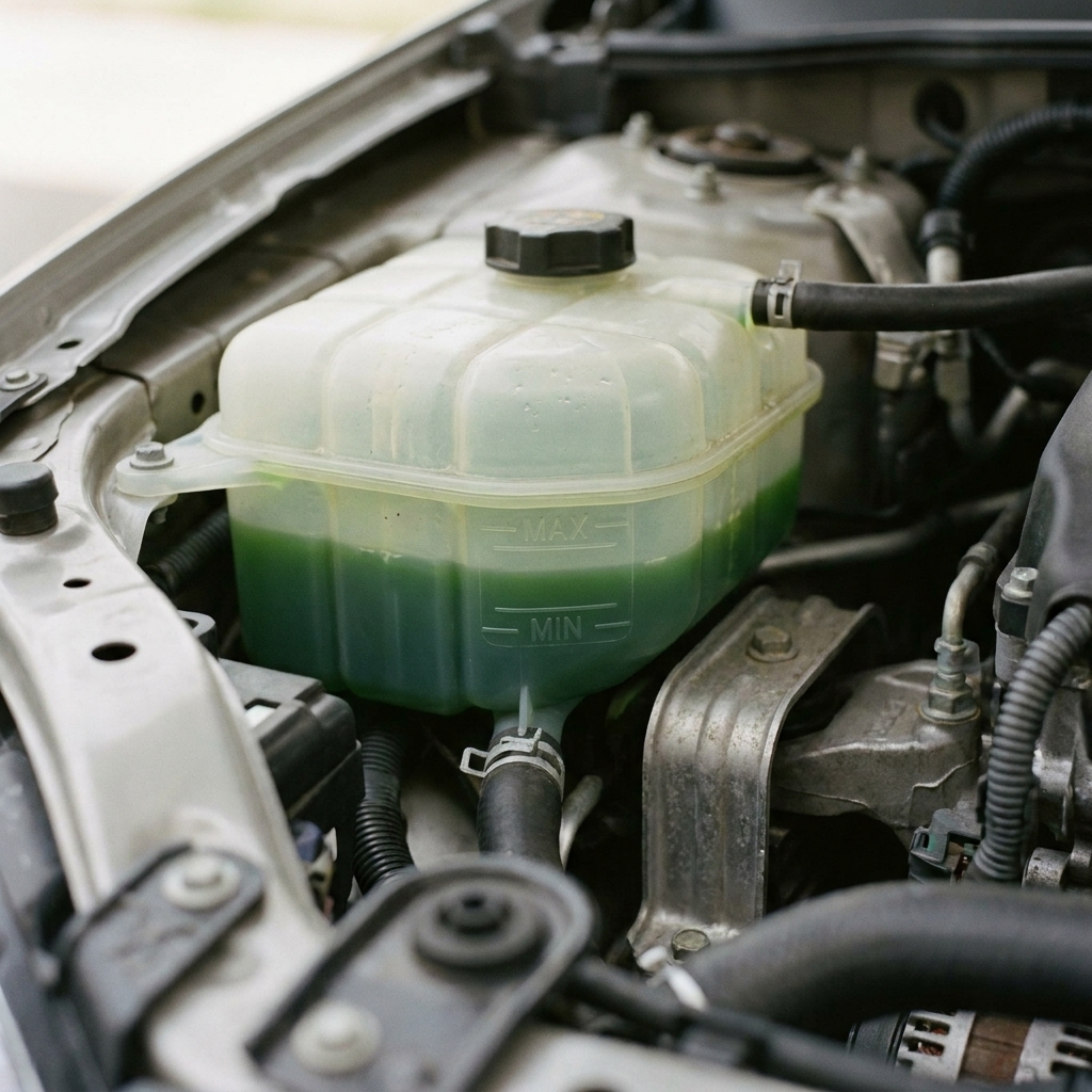 A translucent coolant overflow reservoir in an engine bay with the MIN and MAX level markings visible