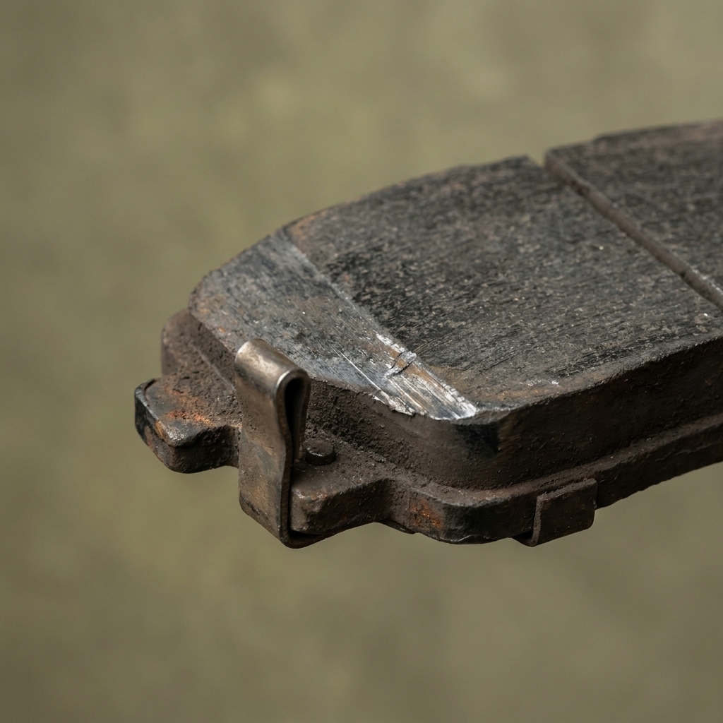 A used disc brake pad showing the metal wear indicator tab near the edge of the remaining friction material