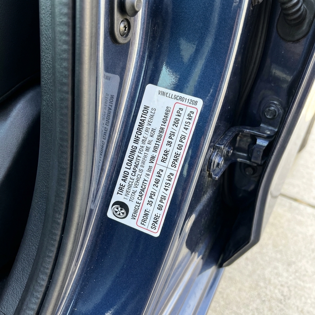 A vehicle driver door jamb showing the factory tire pressure placard with PSI specifications