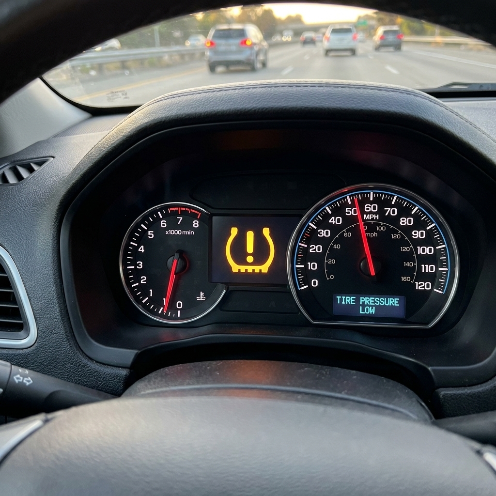 A vehicle gauge cluster showing the tire pressure warning light illuminated while driving