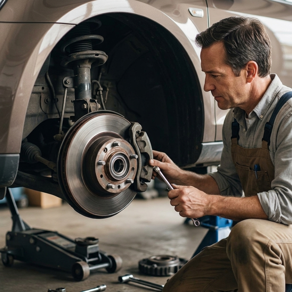 A wheel hub and bearing assembly on a vehicle with the wheel removed