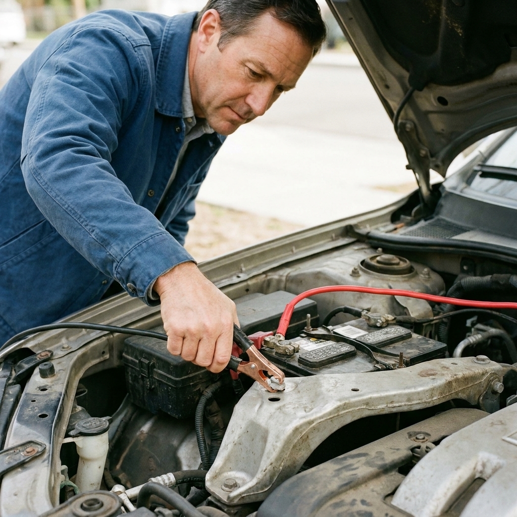 An open engine bay showing a bare metal engine bracket used as a ground point for a jumper cable clamp, with the battery visible nearby but not being clamped on the negative terminal