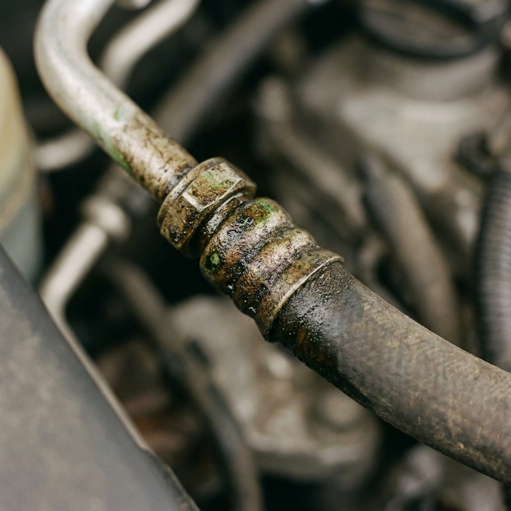 Close-up of an air conditioning hose connection in an engine bay with oily dirt buildup around the fitting indicating a possible refrigerant leak