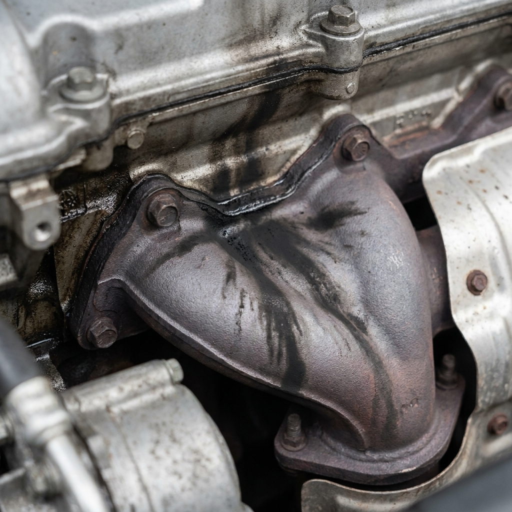 Dark soot marks near an exhaust manifold gasket line on a four-cylinder engine