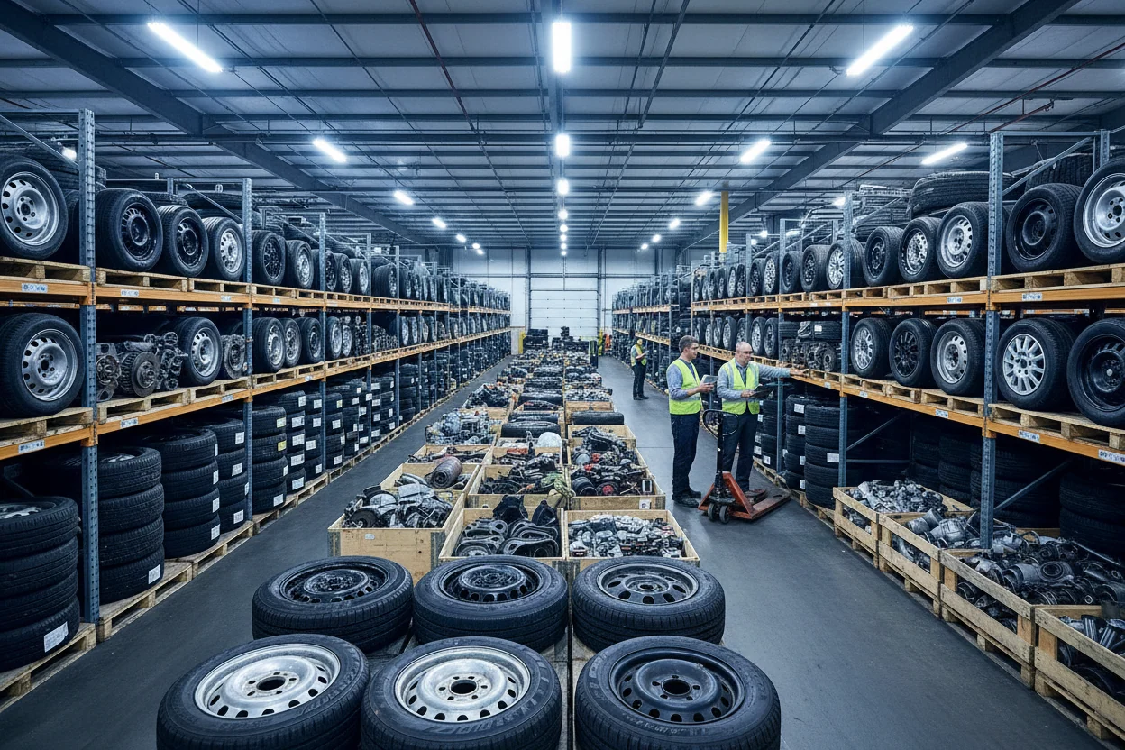 Four bagged wheel and tire assemblies stacked on a wooden pallet in a dim, dry garage away from windows