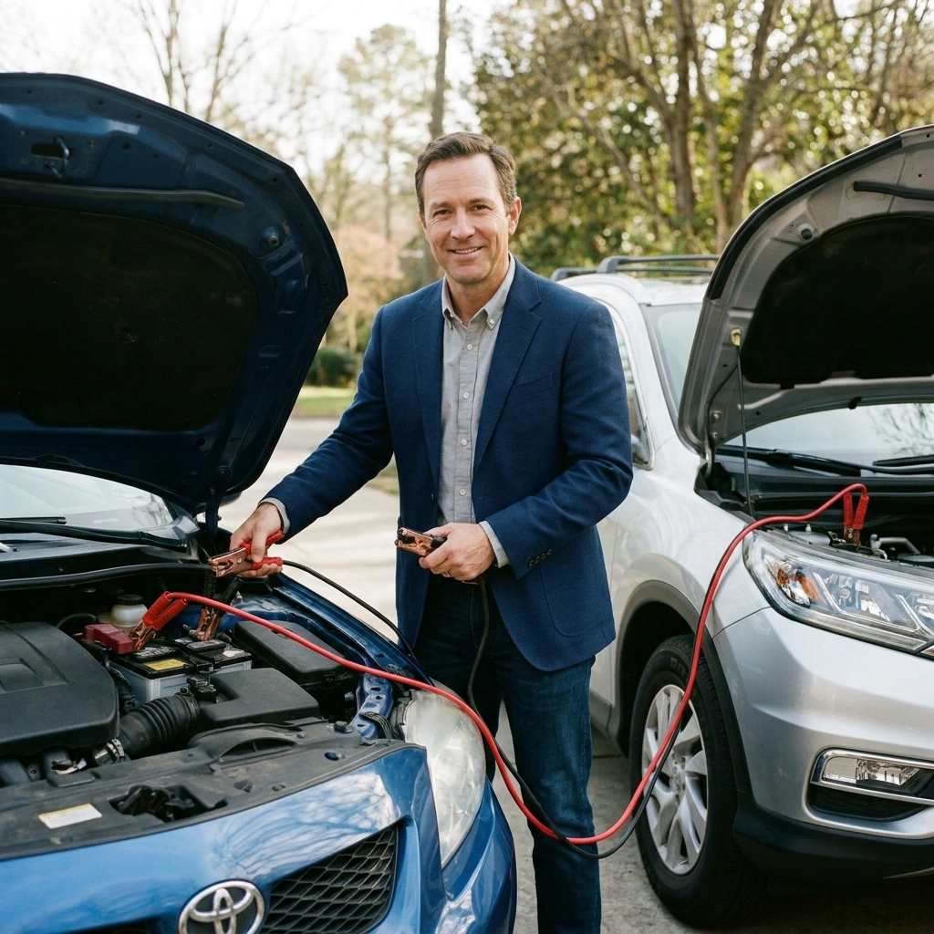 Jumper cables connected between two vehicles with the clamps attached to the battery terminals under an open hood