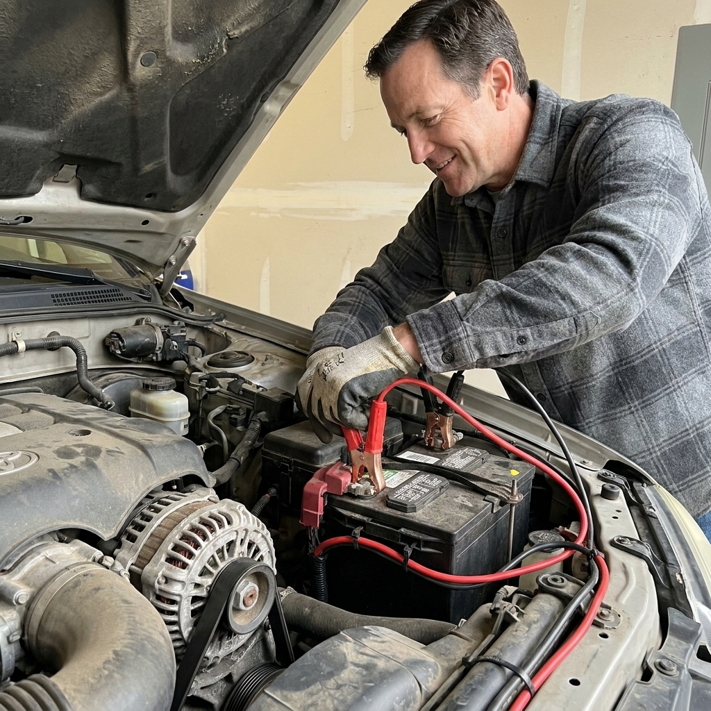 Red and black battery charger clamps attached to a 12-volt car battery in an engine bay, with the leads routed neatly and away from moving components