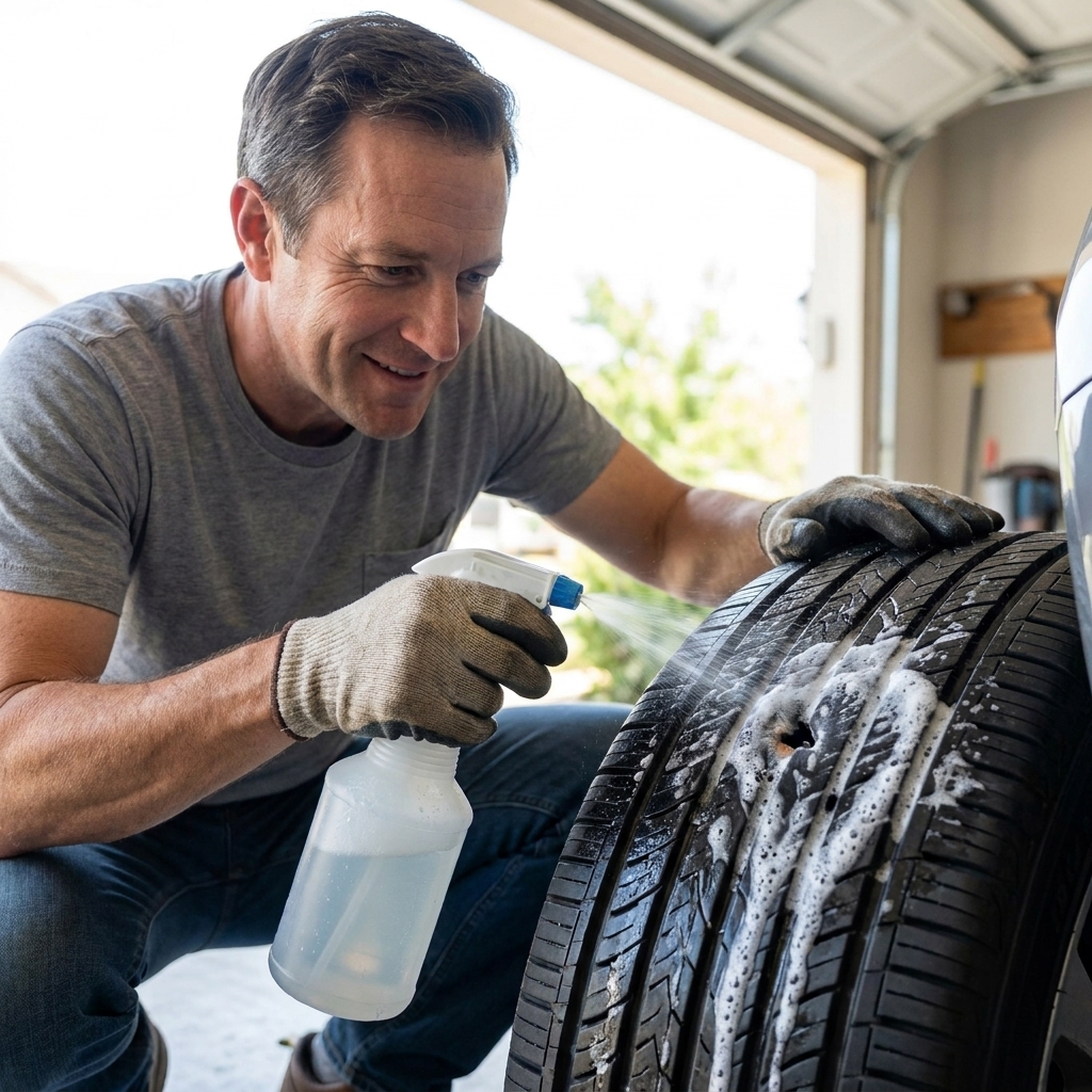 Soapy water being sprayed on a tire to check for bubbles from a small air leak
