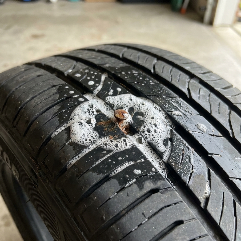 Soapy water sprayed on a tire tread showing active bubbles forming around a small nail puncture
