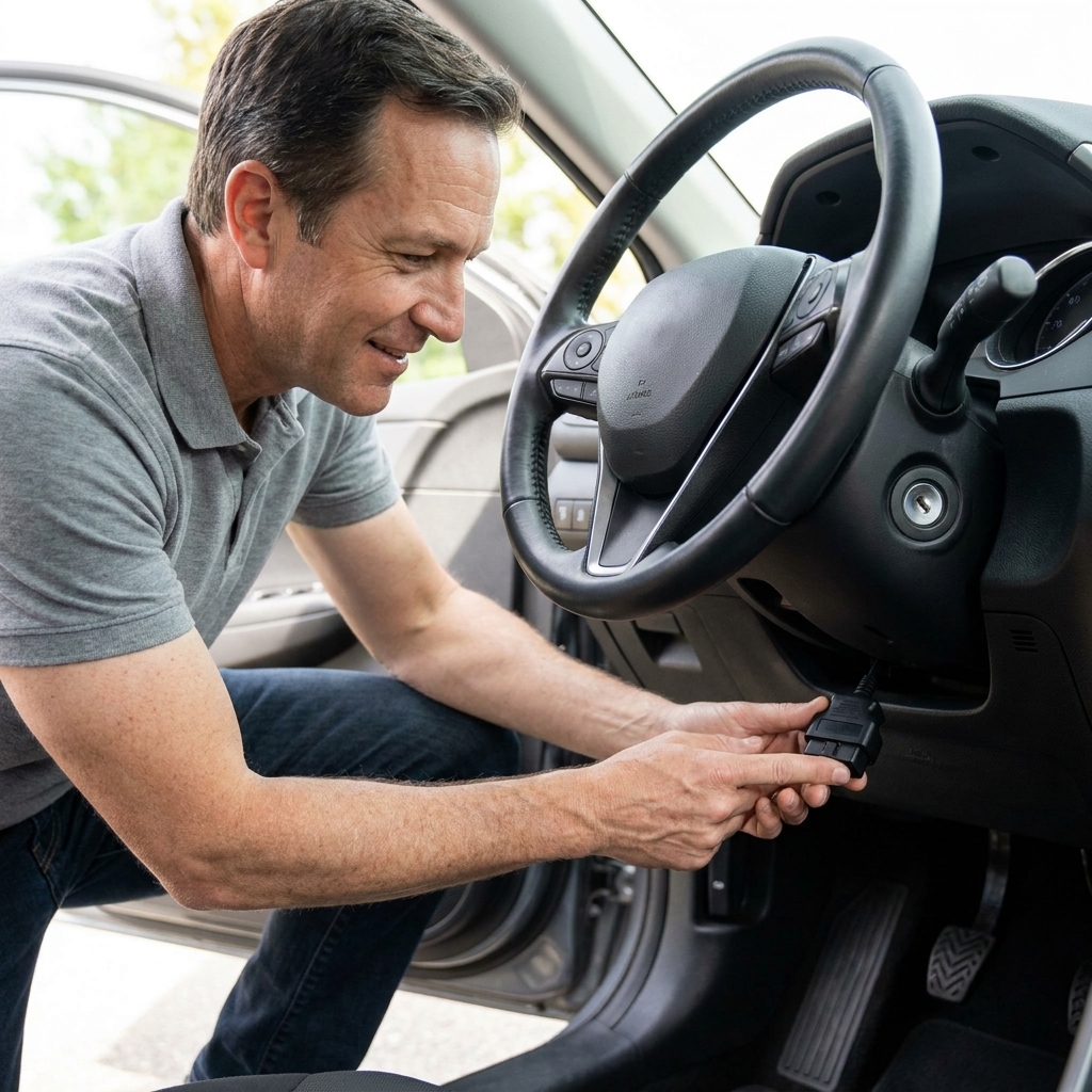 The OBD2 diagnostic port mounted under the steering column in the driver footwell