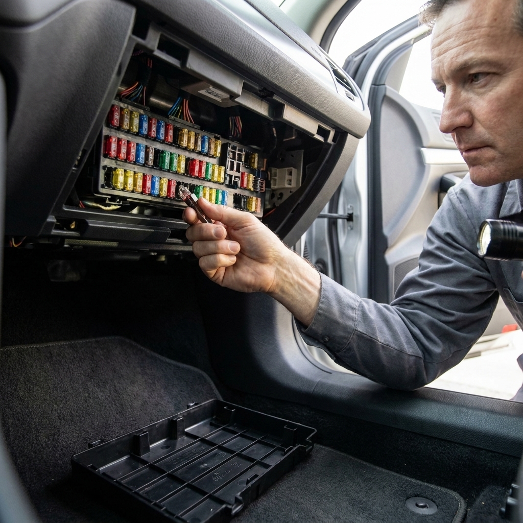 View under a car dashboard showing an open interior fuse panel with the cover removed and rows of blade fuses visible